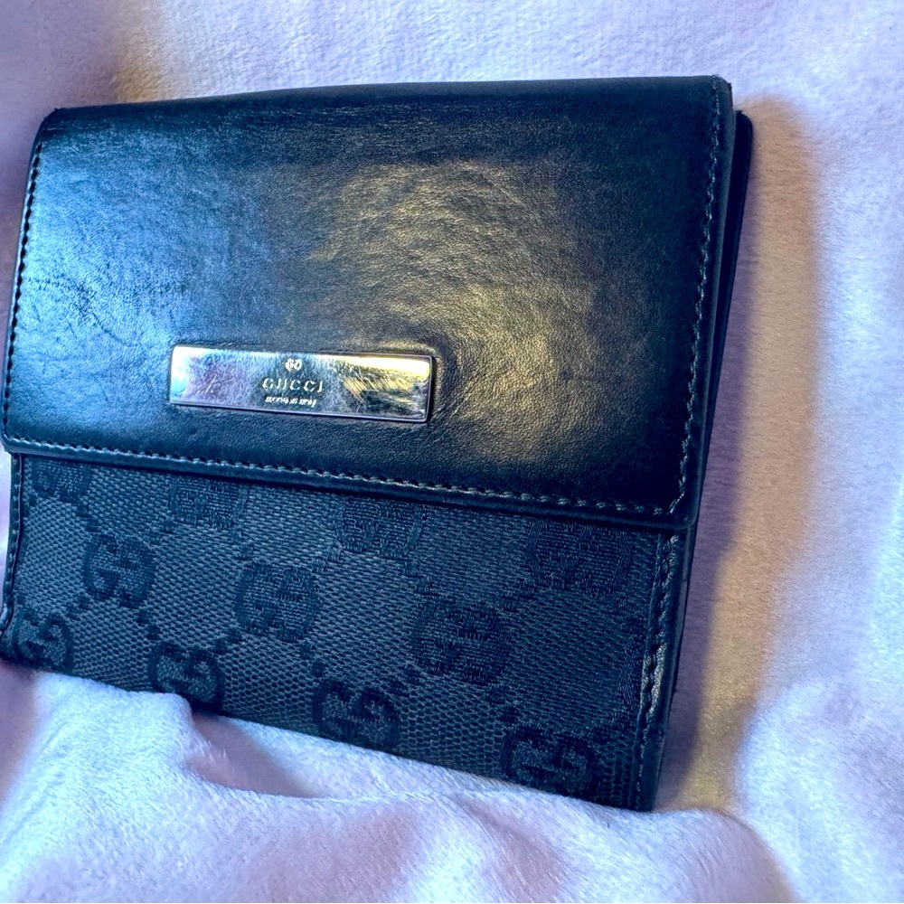 Gucci GG Canvas Black Trifold Wallet Vintage Silver Logo Plate Made in Italy - Picture 12 of 12